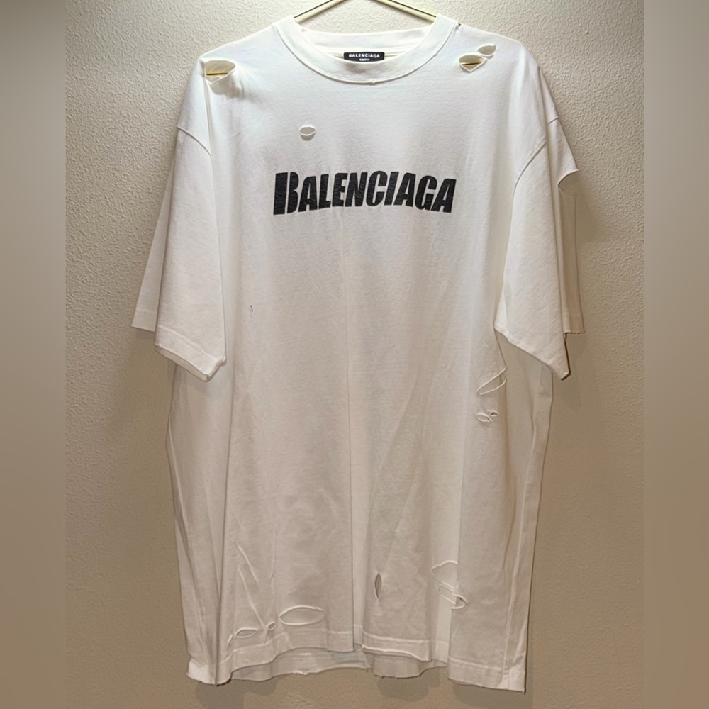 Balenciaga White Distressed Logo Short Sleeve Tee